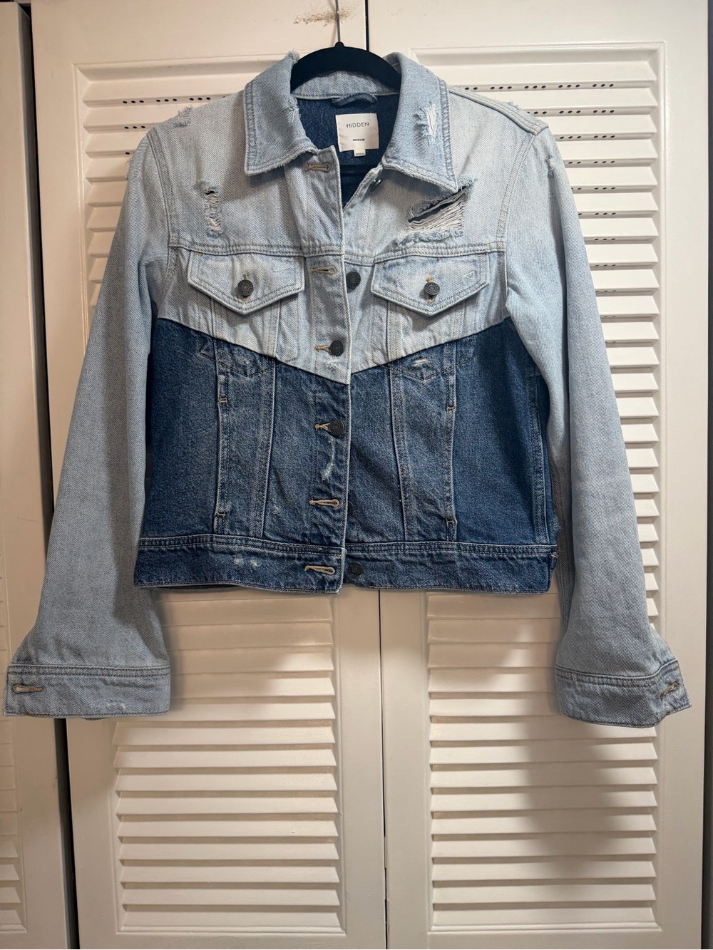 Hidden Denim Colorblock Distressed Two Tone Jacket Medium